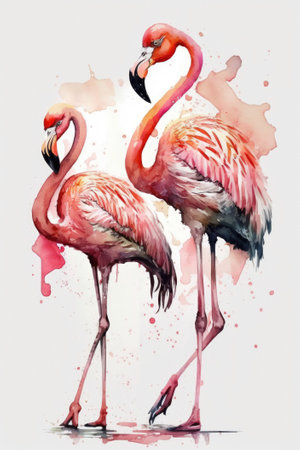 Pink flamingos watercolor immitation on the white background Generative AIの素材