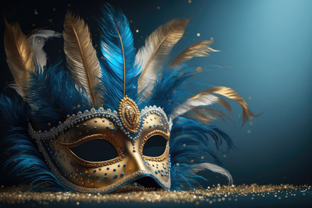 Blue carnival mask with feathers and confetti on blue background copy space close up, Generative AIの素材