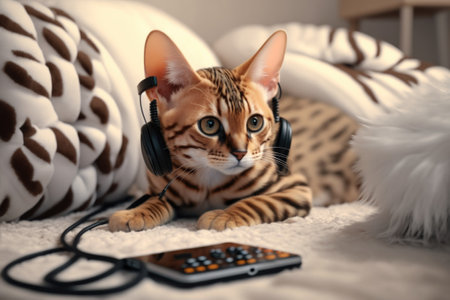 Bengal kitten on a blanket with head phones Generative AIの素材