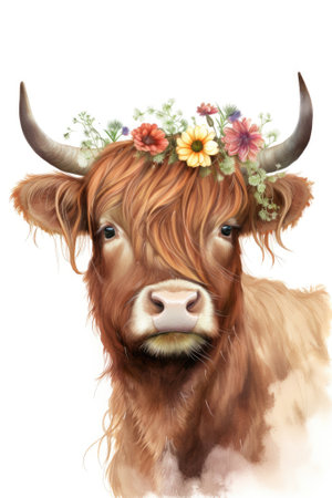 Watercolor Scottish highland cow Generative AIの素材