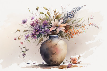 Watercolor composition with flower in antique vase. Generative AIの素材
