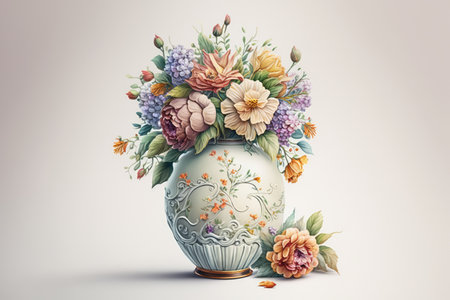 Watercolor composition with flower in antique vase Generative AIの素材