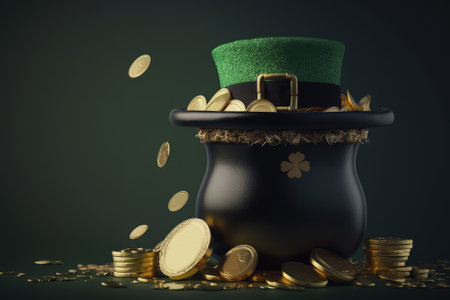 Pot full of gold and green leaf lucky clover St.Patrick day Generative AIの素材