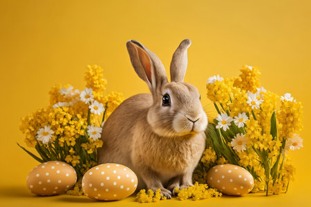 Small cute bunny seating among painted easter eggs and flowers, yellow spring holiday background, Generative AIの素材