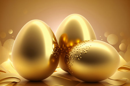 Golden easter eggs and white flowers on blurred background, spring holiday card, Generative AIの素材