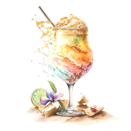 Cocktail with whipped cream in a glass. Watercolor illustrationの素材