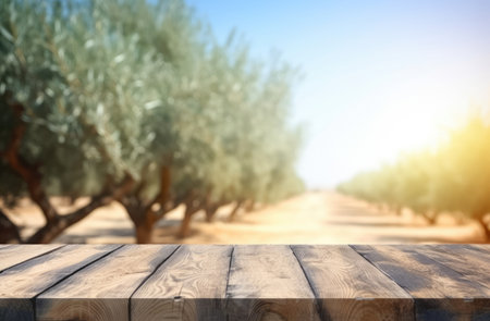 Wooden table in front of olive trees. Blur background.の素材