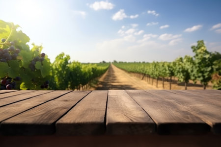 Empty wooden table for product display montages. Vineyard background.の素材