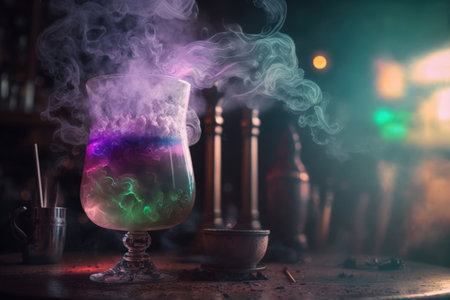 Colorful hookah in a glass on a dark background with smokeの素材