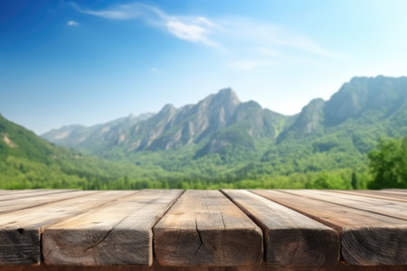 Empty wooden table background. Perspective brown wood over blurred mountain background.の素材