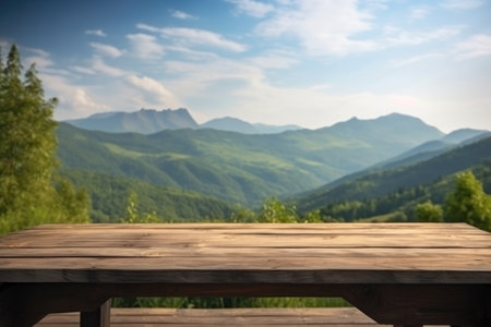 Wooden table in front of mountain landscape background. For product displayの素材