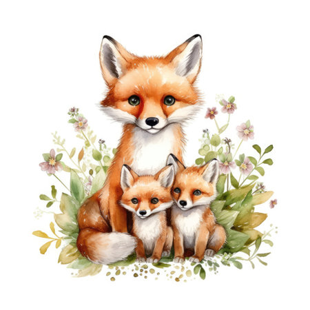 Cute watercolor fox family with flowers isolated on white background.の素材