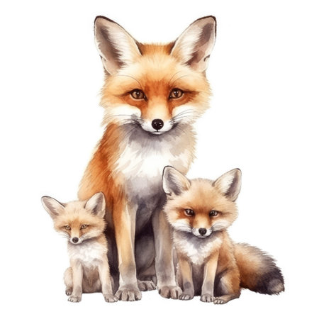 Beautiful watercolor illustration of fox family. Isolated on white backgroundの素材