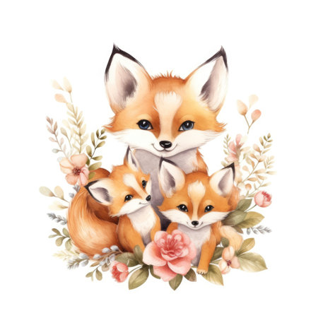 Cute watercolor fox family with flowers.の素材