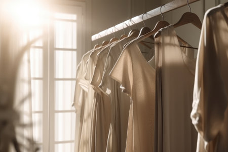 Beige clothes hanging on a rack, pastel colors Generative AIの素材