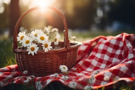 Picnic basket on the red blanket outdoors Generative AIの素材