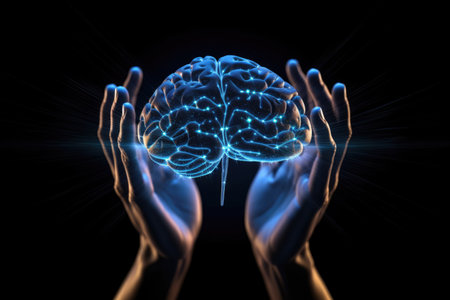 Human brain with glowing blue light in hands on black background. 3D renderingの素材