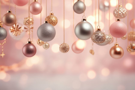 Christmas background with hanging balls on pink background Generative AIの素材