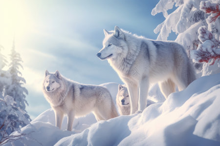 Group of wolves in the snowy forest, wildlife scene Generative AIの素材