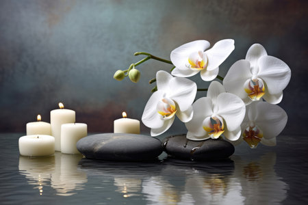 Spa enviroment with orchids and candles, Generative AIの素材