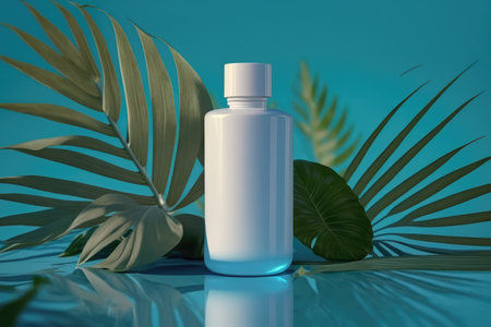 Cosmetic bottle mock up with tropical plants Generative AIの素材