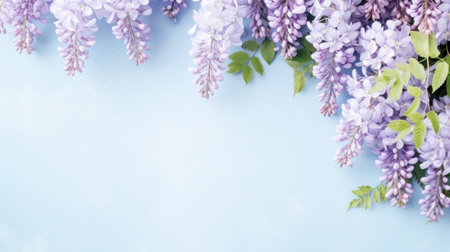 Wisteria flowers on light blue background with copy space Generative AIの素材