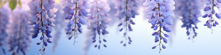 Wisteria flowers on light blue background banner copy space Generative AIの素材