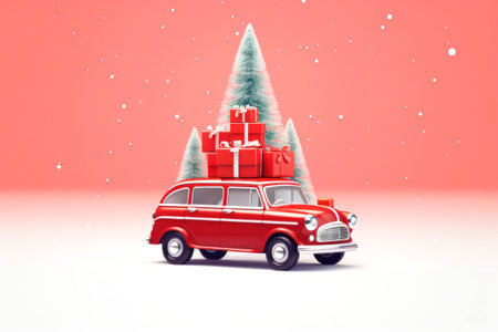 Retro red car with gift boxes and fir tree, Christmas card template Generative AIの素材