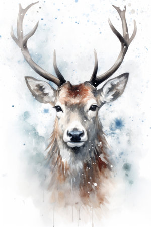 Watercolor noble deer male in winter snow forest Generative AIの素材