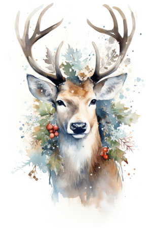 Watercolor noble deer male in winter snow forest Generative AIの素材