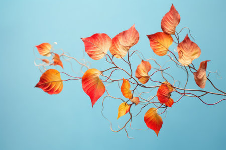 Yellow and orange leafs on blue background, autumn Generative AIの素材