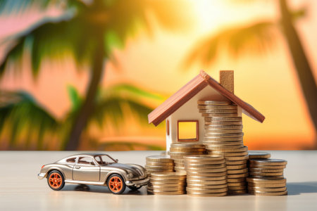 Stack of coins, a small dream house and a car, savings concept Generative AIの素材