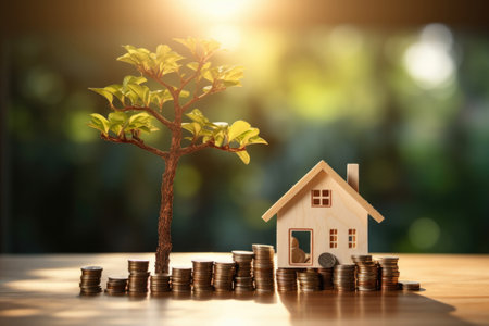 Stack of coins and a small dream house, savings concept Generative AIの素材