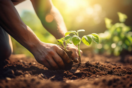 Gardener hands planting in soil, soft sunlight Generative aiの素材