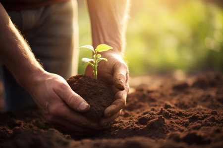 Gardener hands planting in soil, soft sunlight Generative aiの素材