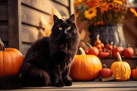 Black cat seating next to the pumpkins in the garden Generative AIの素材
