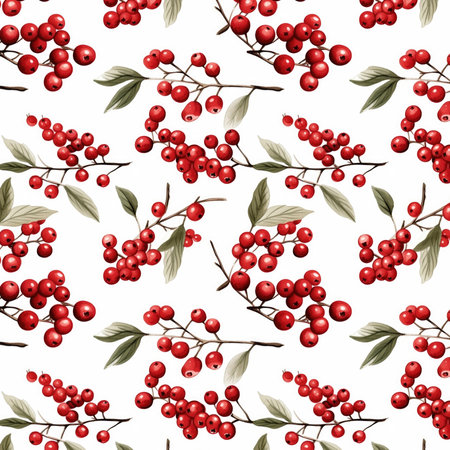 Red seasonal berries watercolor christmas or autumn seamless pattern Generative AIの素材