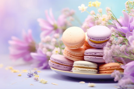 Colorful french macarons and flowers on pastel background, traditional french dessert Generative AIの素材