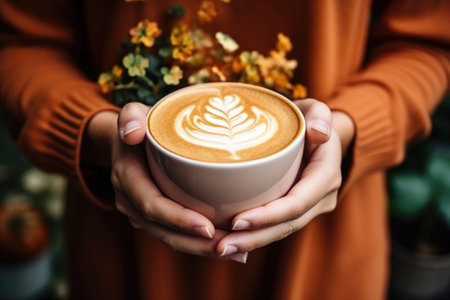 Female hands holding a cup of pumpkin latte Generative AIの素材