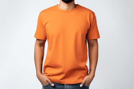 Young man in a orange T-shirt on white background , mock up Generative AIの素材