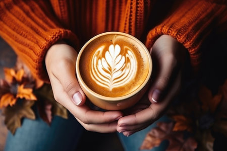 Female hands holding a cup of pumpkin latte Generative AIの素材