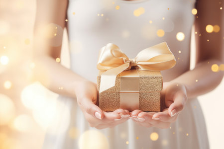Golden gift box in woman's hands on the beige with confetti background Generative AIの素材