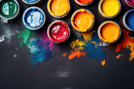 Colorful paint cans on blackboard background. Top view with copy spaceの素材