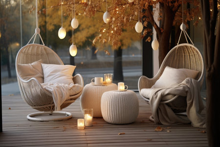 Wicker wicker chair with pillows and candles on terraceの素材
