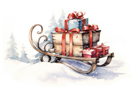 Hand drawn watercolor illustration of a Christmas sleigh with gifts.の素材