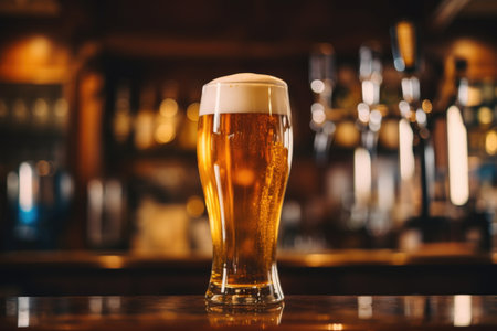 Glass of beer on bar counter in pub or restaurant. Blurred backgroundの素材