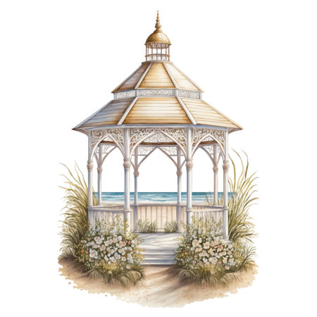 Watercolor gazebo on the beach. Generative AIの素材