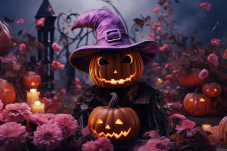 Halloween background with pumpkin in pink hat, Generative AIの素材