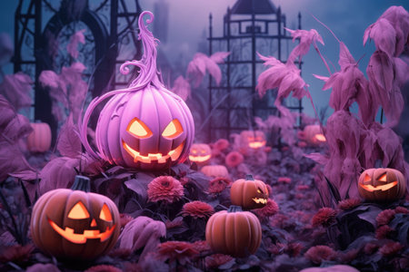 Halloween background with pumpkin in pink hat, Generative AIの素材