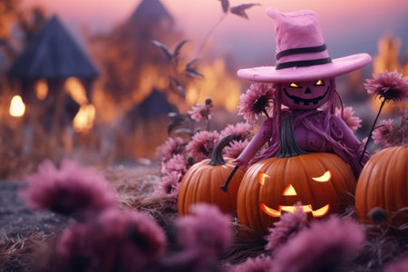 Halloween background with pumpkin in pink hat, Generative AIの素材